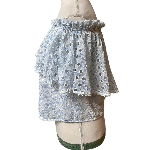 ML Monique Lhuillier Blue White Eyelet Off Shoulder Blouse Size Small - Picture 6 of 16